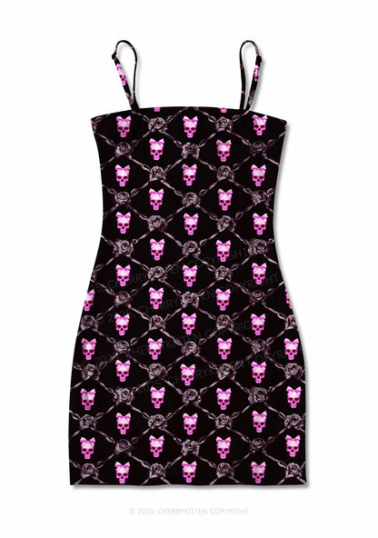 Halloween Pink Skull Y2K Print Slip Dress Cherrykitten
