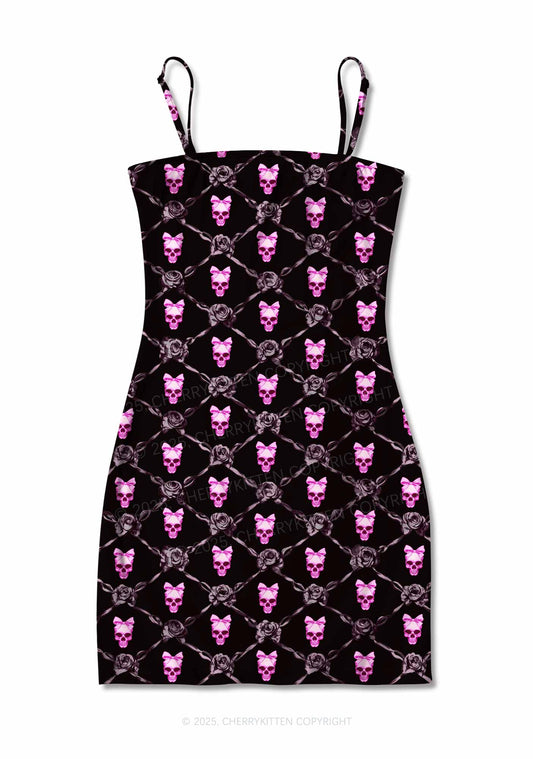 Halloween Pink Skull Y2K Print Slip Dress Cherrykitten