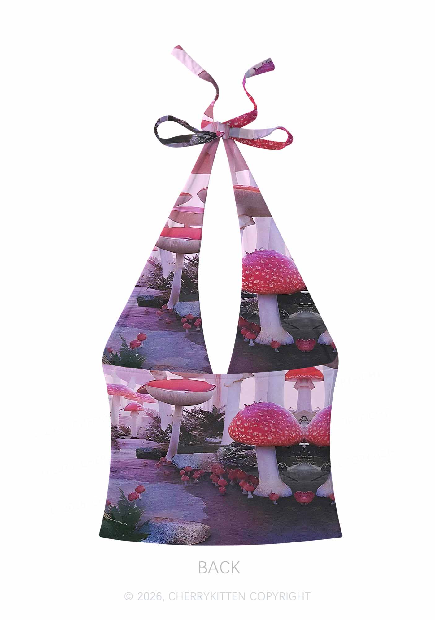 Pink Mushroom Y2K Print Halter Deep V Neck Cami Cherrykitten