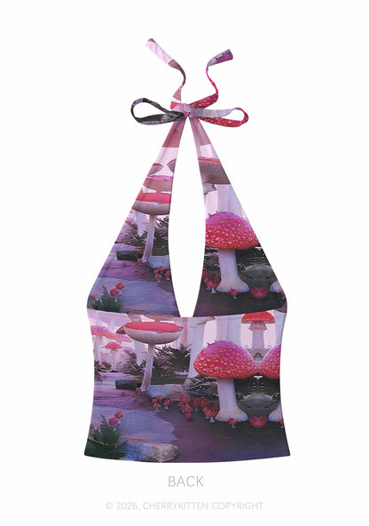 Pink Mushroom Y2K Print Halter Deep V Neck Cami Cherrykitten