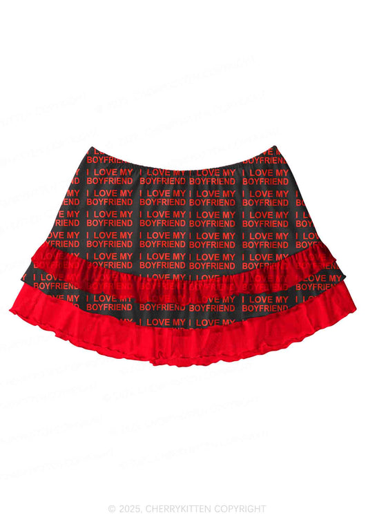 I Love My Boyfriend Y2K Print Mini Layered Skirt Cherrykitten