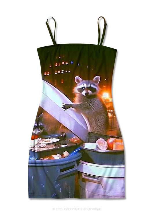 Raccoon Trash Party Y2K Print Slip Dress Cherrykitten