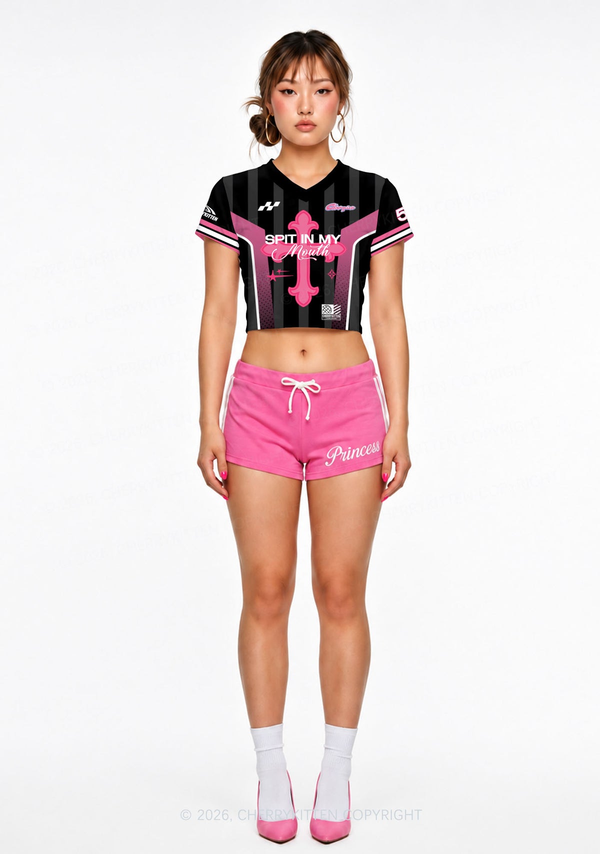 Pink Cross Y2K Crop Football Jersey Shirts Cherrykitten