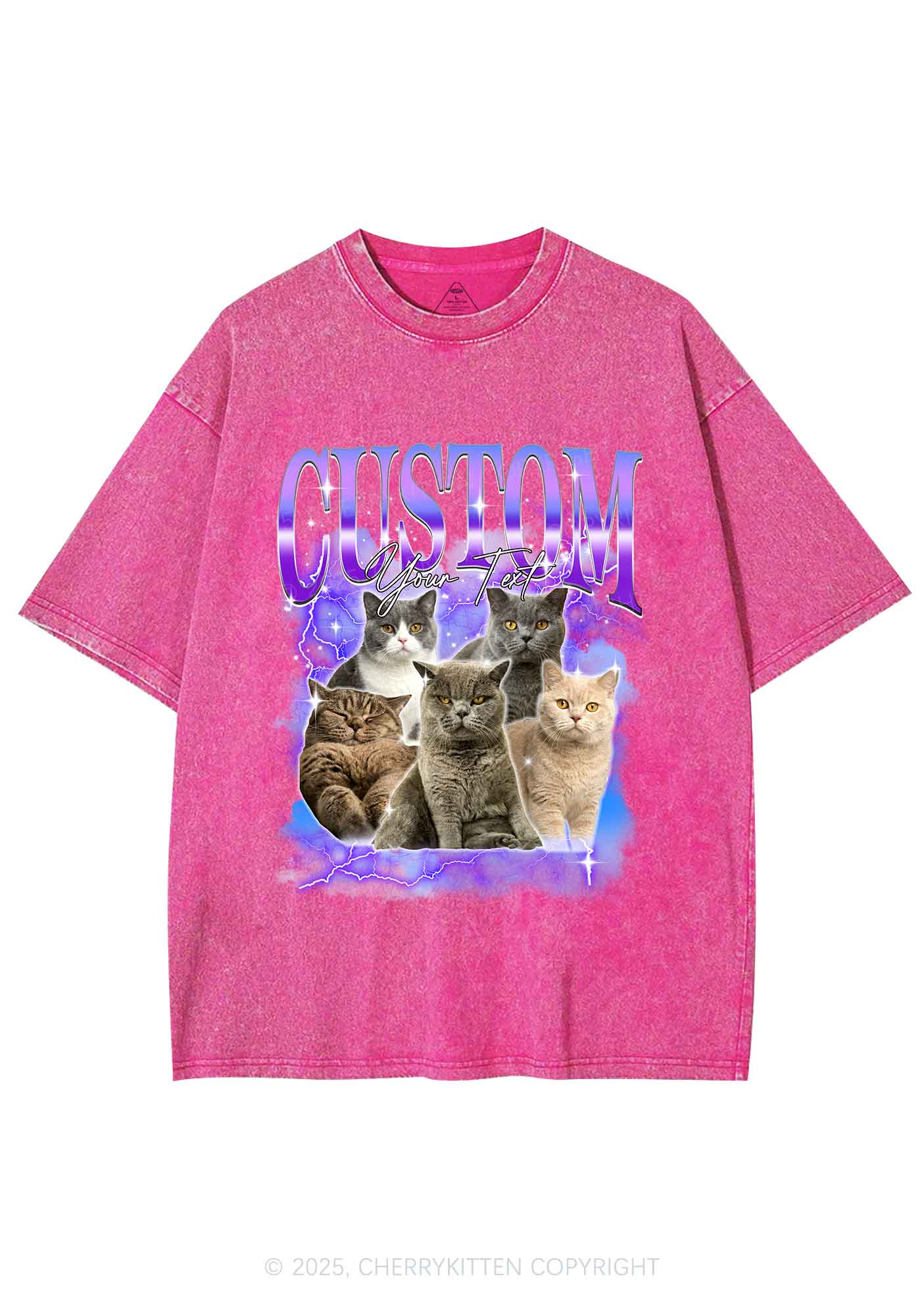 Custom Neon Lightning Cat Photo Y2K Shirts Washed Tee Cherrykitten