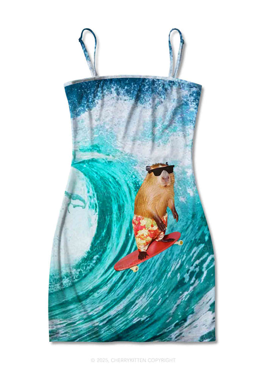 Surfing Capybara Y2K Print Slip Dress Cherrykitten