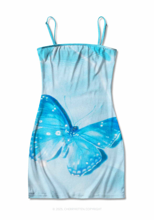 Blue Butterfly Y2K Print Slip Dress Cherrykitten