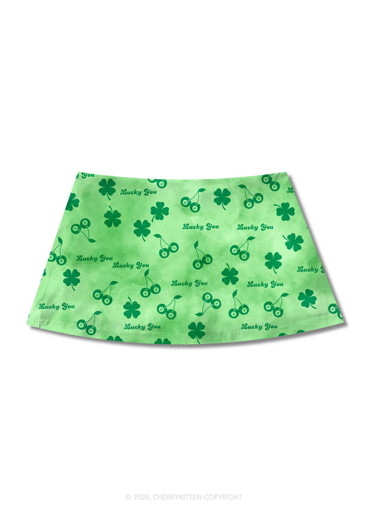 Lucky You Four Leaf Clover St Patricks Y2K Print Mini Skirt Cherrykitten