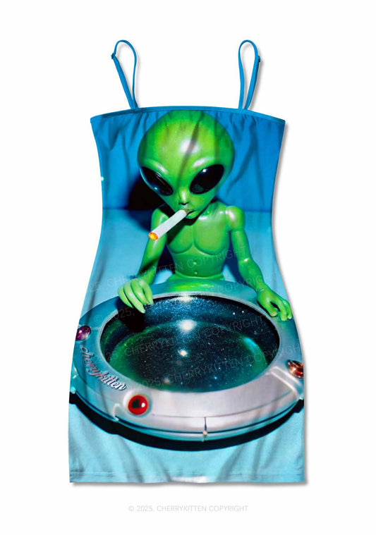 Halloween Alien UFO Ashtray Y2K Print Slip Dress Cherrykitten