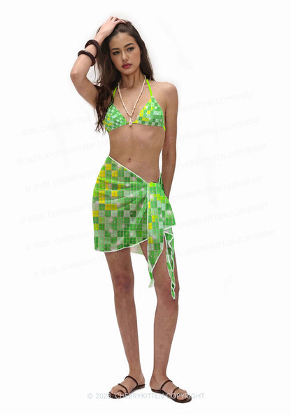 Green Disco Ball Grid Y2K Print Bikini Set Cherrykitten