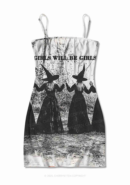 Halloween Girls Will Be Girls Y2K Print Slip Dress Cherrykitten