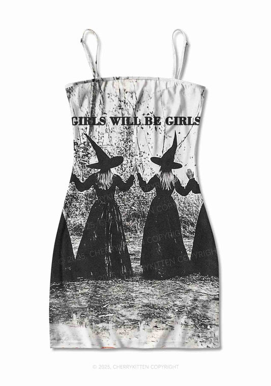 Halloween Girls Will Be Girls Y2K Print Slip Dress Cherrykitten