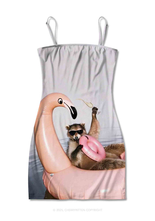 Flamingo Raccoon Y2K Print Slip Dress Cherrykitten