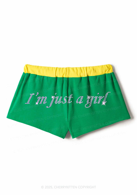 Rhinestone Just A Girl Y2K Drawstring Mini Shorts Cherrykitten