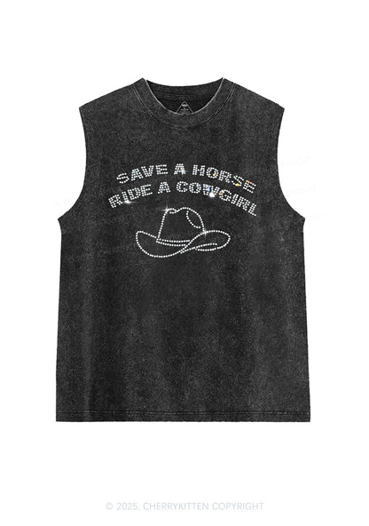 Rhinestone Save Horse Ride Cowgirl Y2K Washed Muscle Tank Cherrykitten