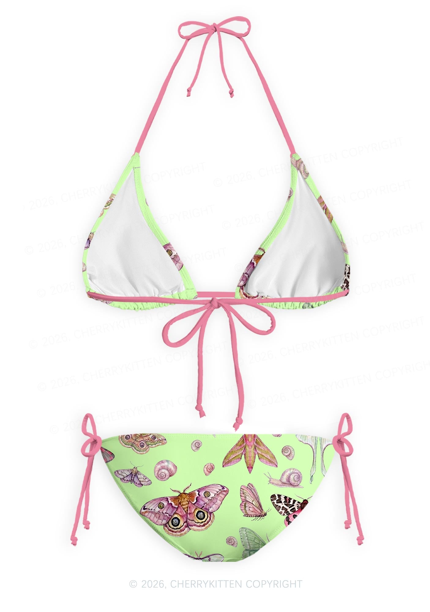 Lime Green Moth Snail Y2K Print Bikini Set Cherrykitten