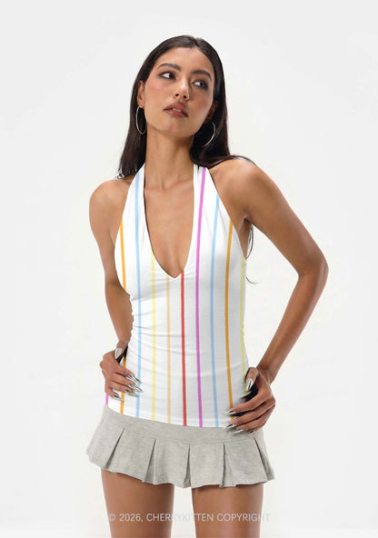 Rainbow Stripe On White Y2K Print Halter Deep V Neck Cami Cherrykitten