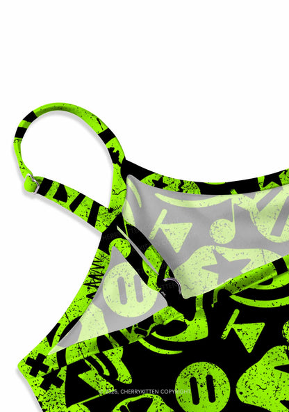 Green Alien Doodle Y2K Print Cami Crop Top Cherrykitten