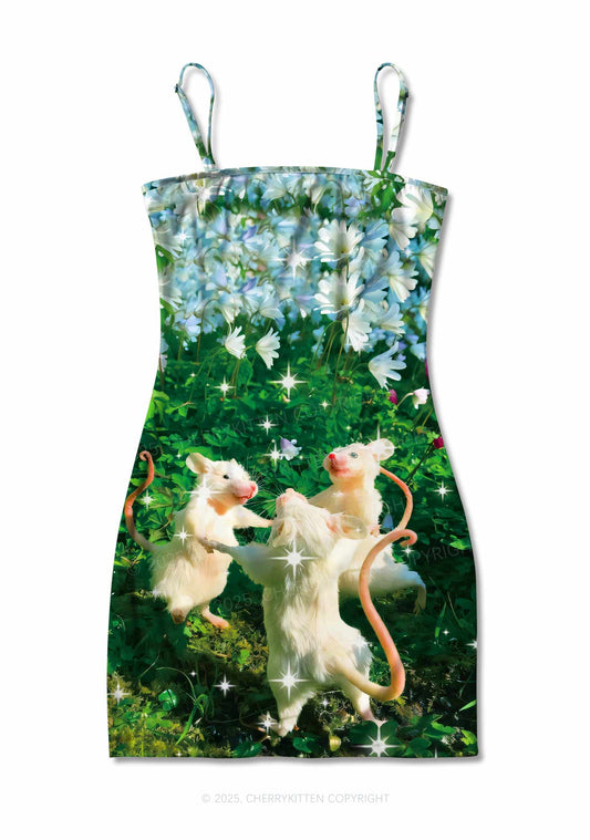 Dancing Rat Y2K Print Slip Dress Cherrykitten Art by OhStuffinell Taxidermy