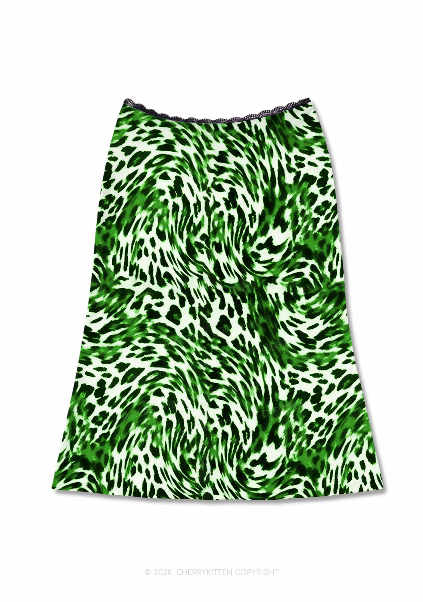 Retro Green Leopard St Patricks Y2K Print Midi Skirt Cherrykitten