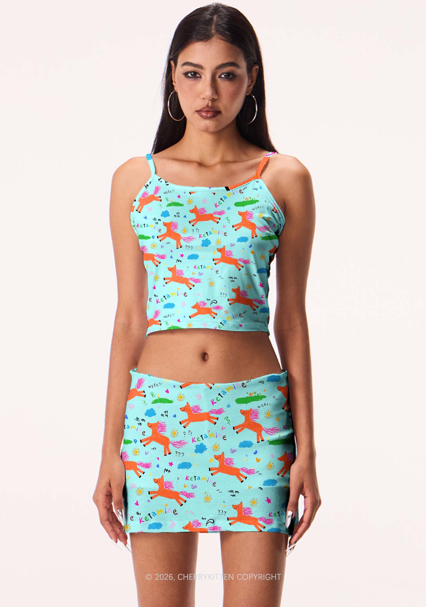 Orange Pony On Mint Green Y2K Print Mini Skirt Cherrykitten
