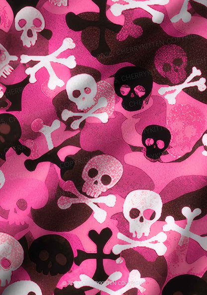 Halloween Pink Camouflage Skull Y2K Print Long Sleeve Pajama Set Cherrykitten