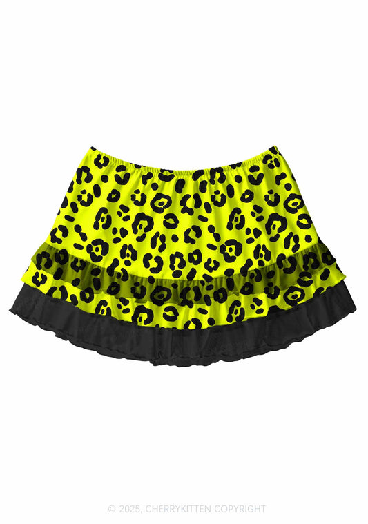 Neon Leopard Y2K Print Mini Layered Skirt Cherrykitten