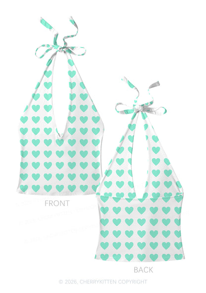 Mint Green Heart On White Y2K Print Halter Deep V Neck Cami Cherrykitten
