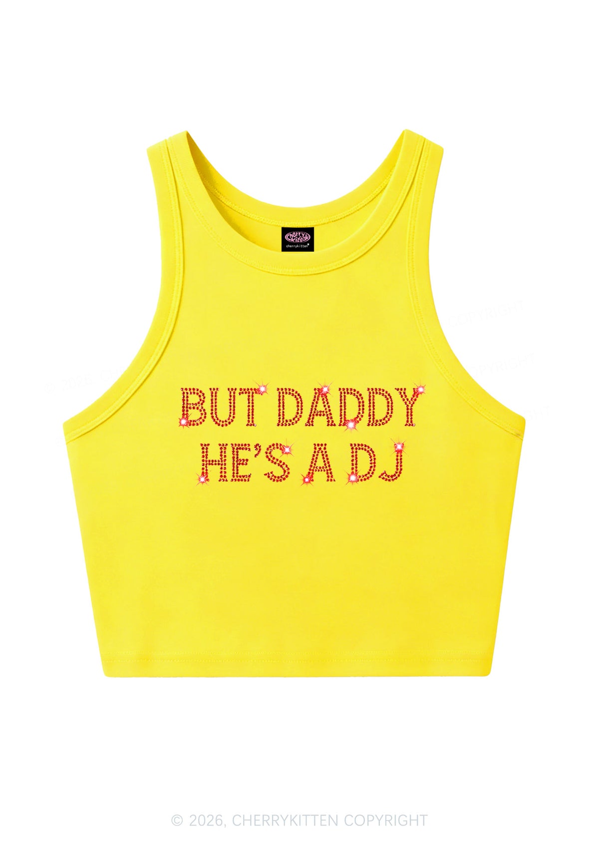Rhinestone But Daddy Hes A Dj Y2K Crop Tank Top Cherrykitten