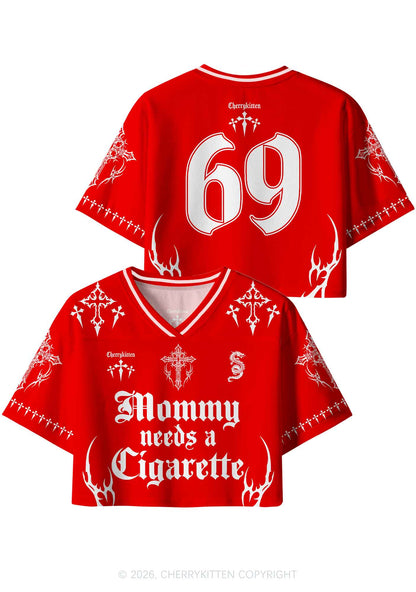 Red Gothic Mommy Needs A Cigarette Y2K Crop Sport Jersey Shirts Cherrykitten