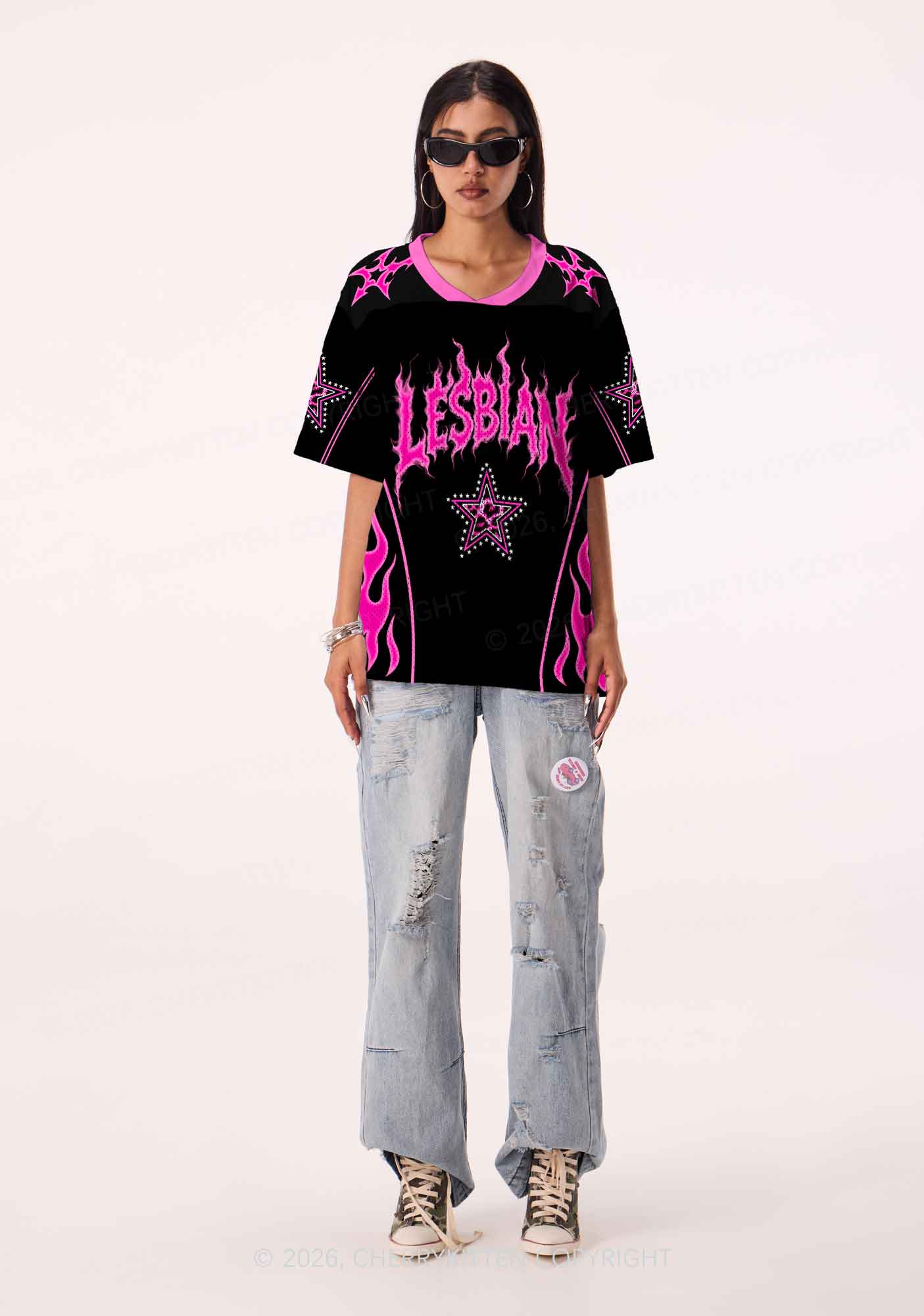 Hot Pink Flame Lesbian Pride Y2K Sport Jersey Shirts Cherrykitten