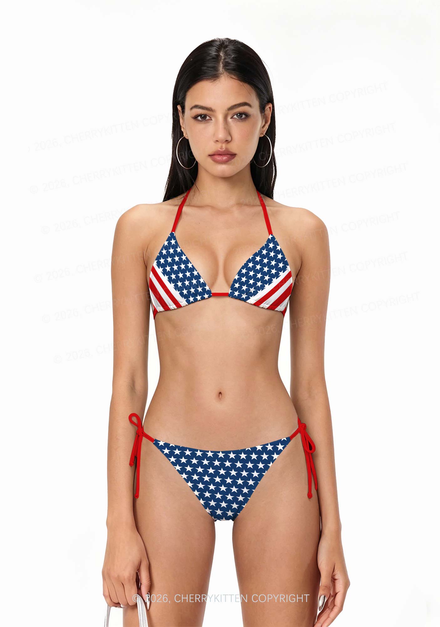 Navy Star Red White Stripe Y2K Print Bikini Set Cherrykitten