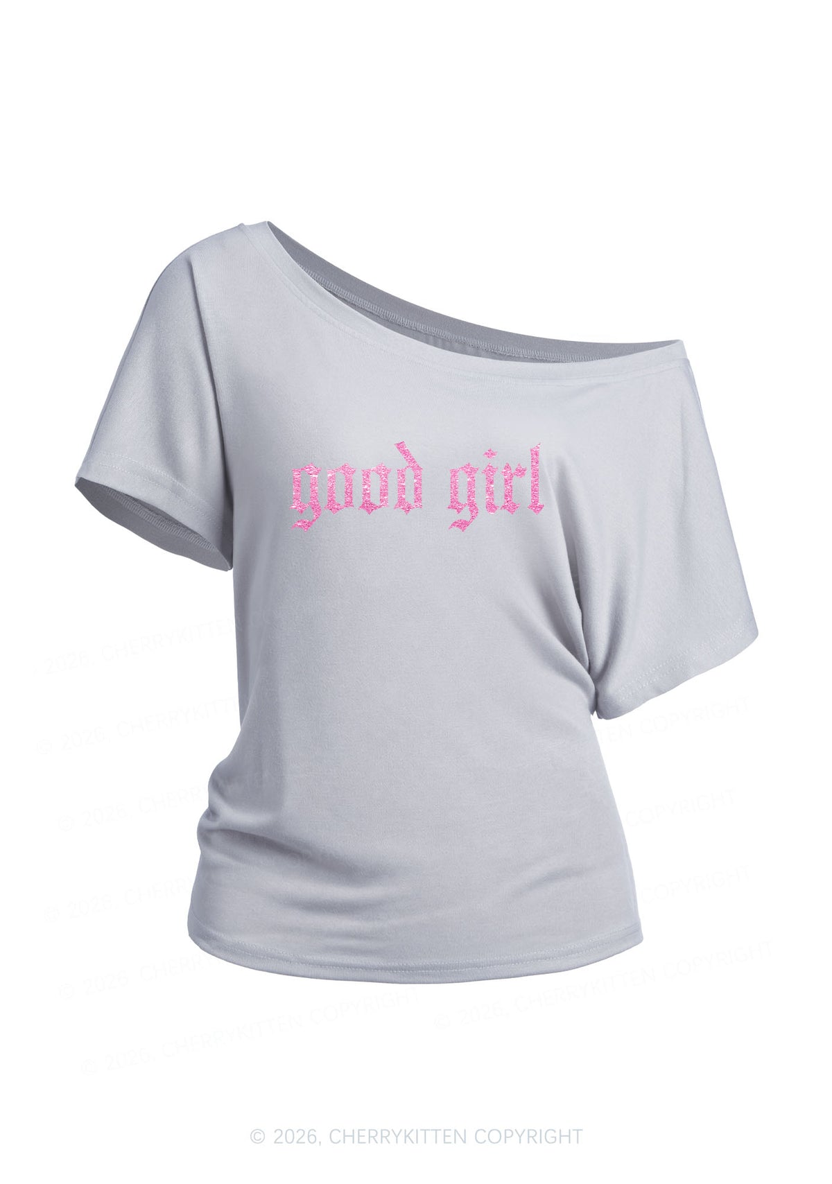 Glitter Good Girl Y2K Off Shoulder Tee Cherrykitten