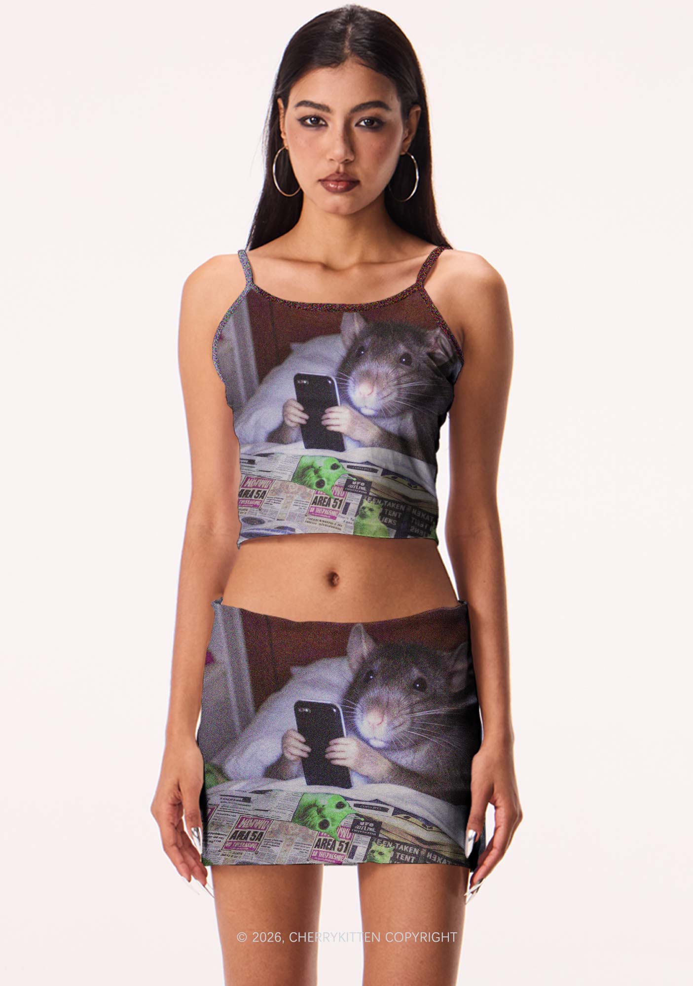 Bed Rat Smartphone Y2K Print Mini Skirt Cherrykitten