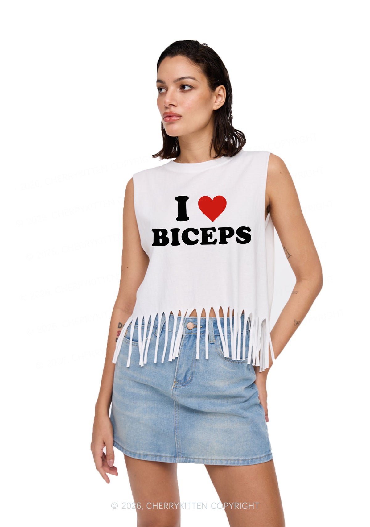 I Love Biceps Y2K Fringe Tank Top Cherrykitten