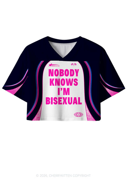 Nobody Knows Im Bisexual Pride Y2K Crop Sport Jersey Shirts Cherrykitten
