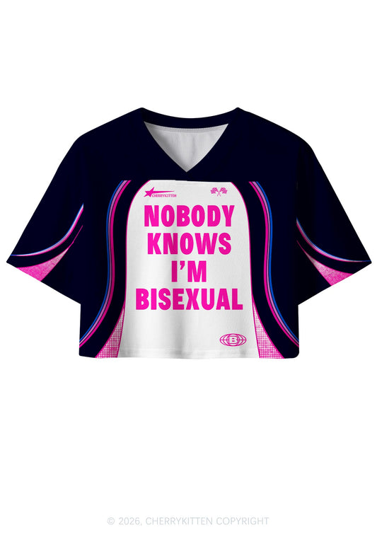 Nobody Knows Im Bisexual Pride Y2K Crop Sport Jersey Shirts Cherrykitten