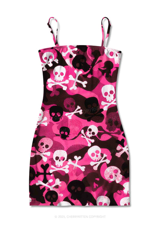 Halloween Pink Camouflage Skull Y2K Print Slip Dress Cherrykitten