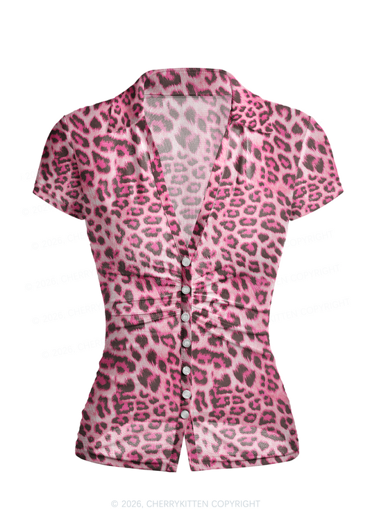 Pink Leopard Y2K Mesh Ruched Waist V Neck Top Cherrykitten