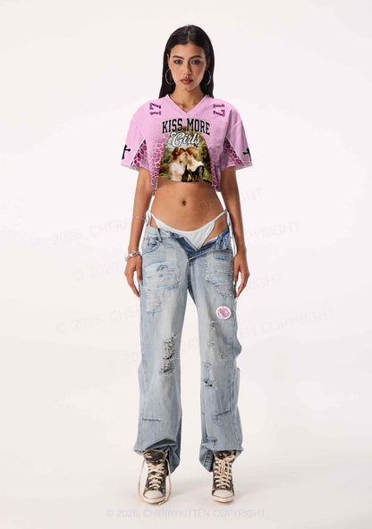 Sapphic Kiss More Girls Pride Y2K Crop Sport Jersey Shirts Cherrykitten