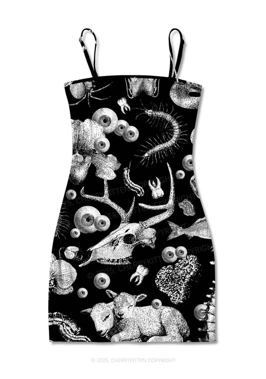 Halloween Dark Sheep Bone Y2K Print Slip Dress Cherrykitten