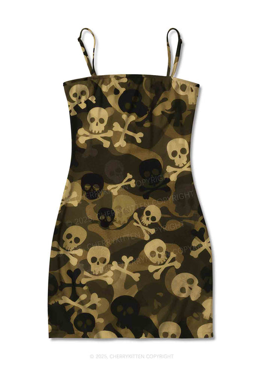Halloween Camouflage Skulls Y2K Print Slip Dress Cherrykitten