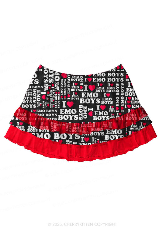 I Love Emo Boys Y2K Print Mini Layered Skirt Cherrykitten