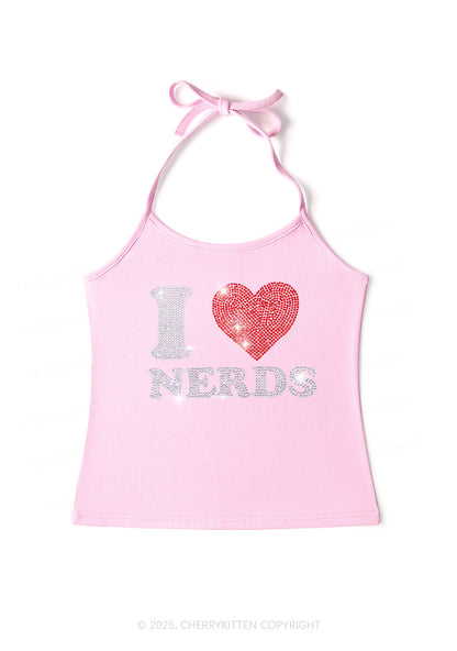 Rhinestone I Love Nerds Y2K Halter Neck Cami Cherrykitten