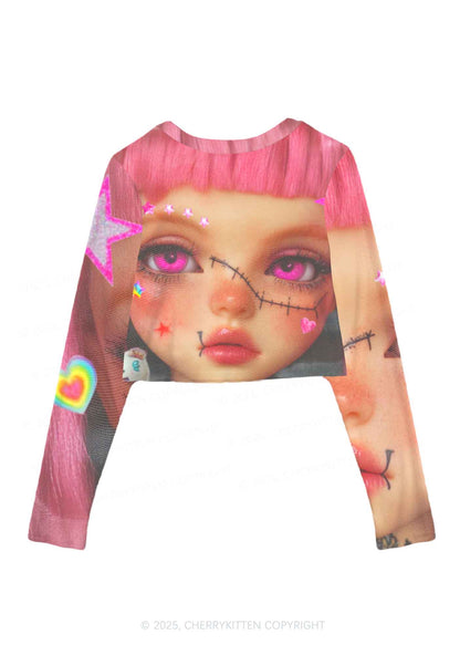 Pink Doll Y2K Mesh Long Sleeve Crop Top Cherrykitten