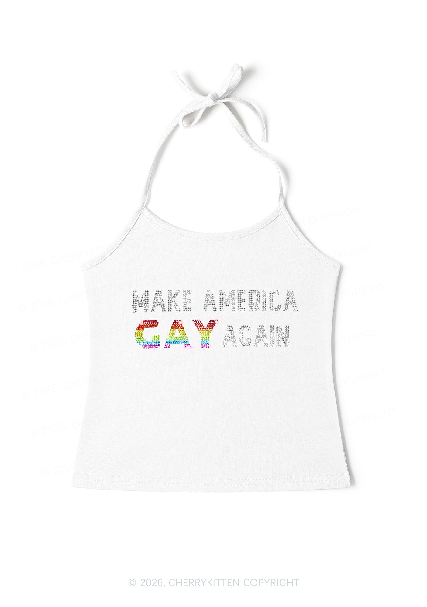 Rhinestone Make America Gay Again Pride Y2K Halter Neck Cami Cherrykitten