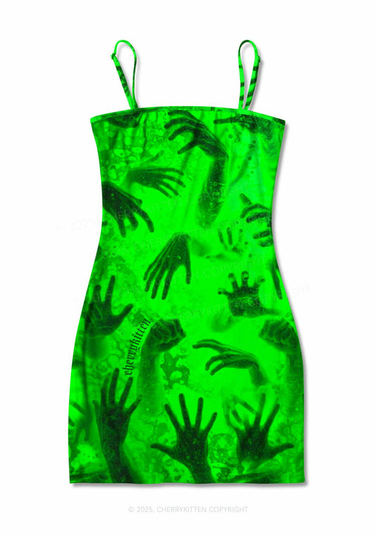Halloween Green Hands Frenzy Y2K Print Slip Dress Cherrykitten