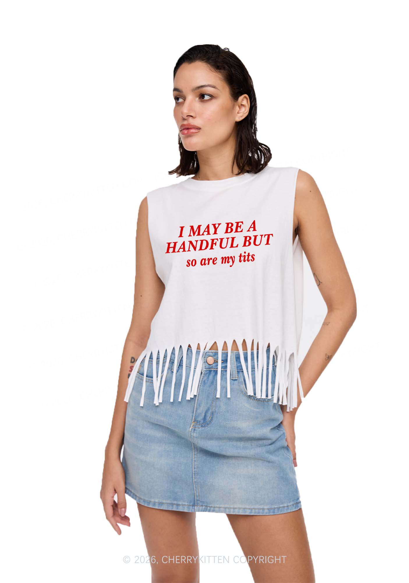 I May Be A Handful Y2K Fringe Tank Top Cherrykitten