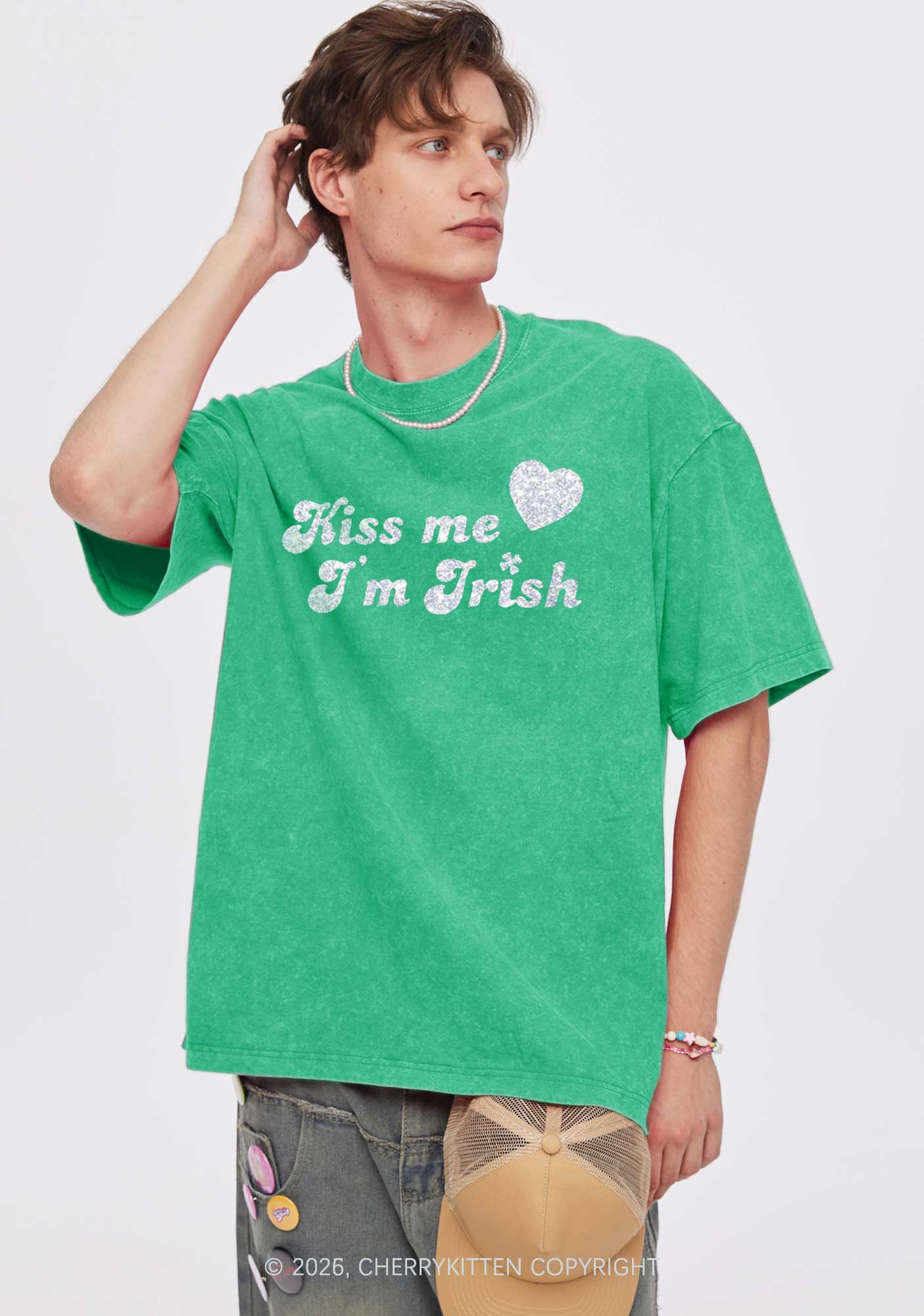 Glitter Kiss Me Im Irish St Patricks Y2K Shirts Washed Tee Cherrykitten