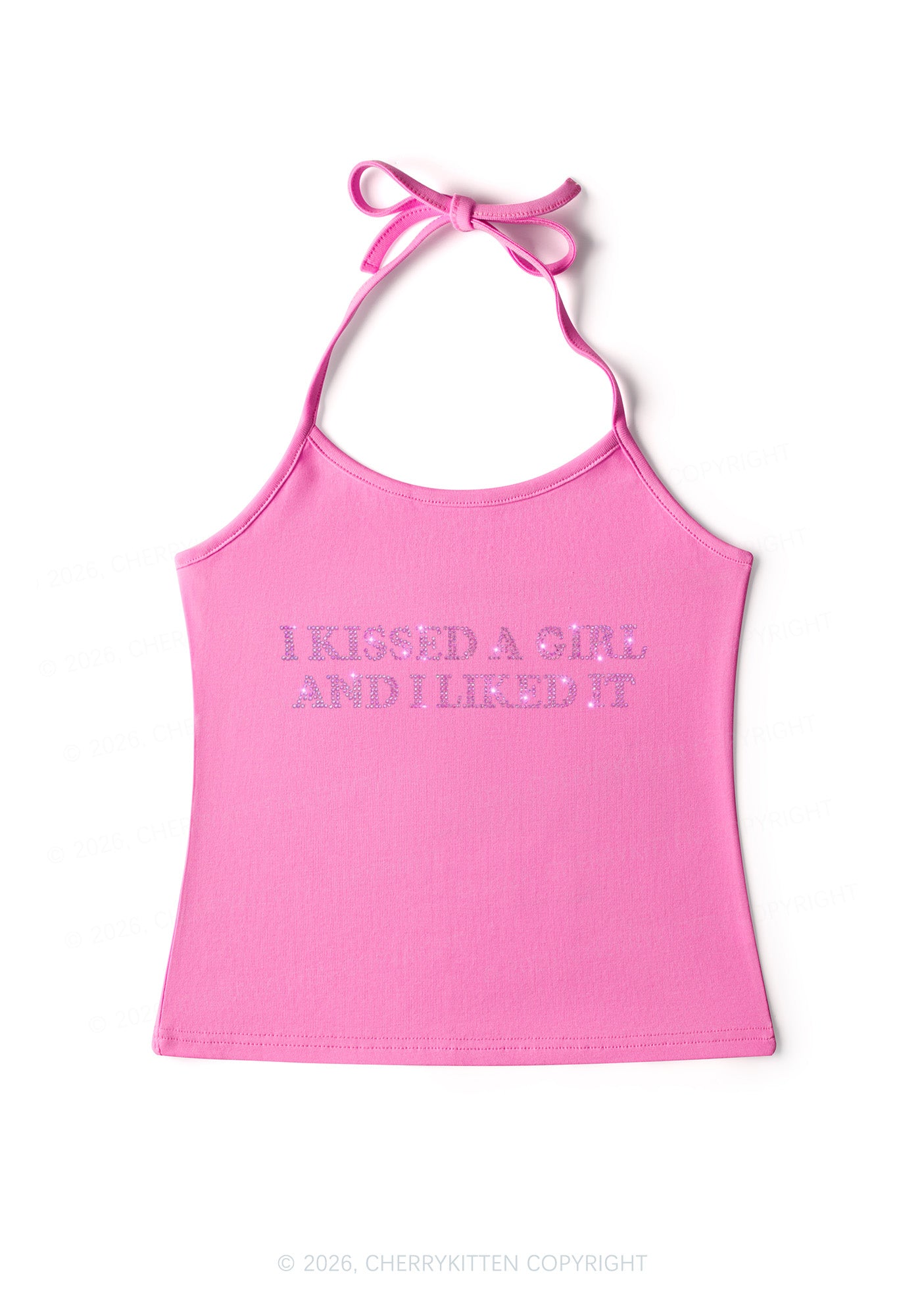 Rhinestone I Kissed A Girl Pride Y2K Halter Neck Cami Cherrykitten