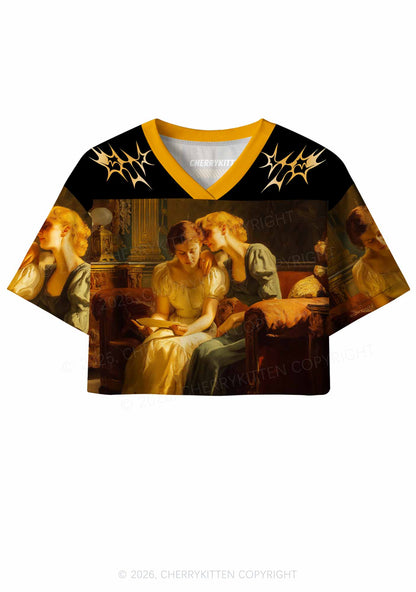 Lesbian Couple Reading Portrait Pride Y2K Crop Sport Jersey Shirts Cherrykitten